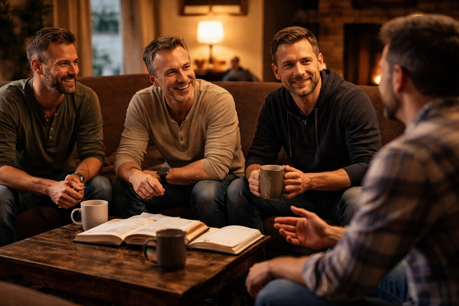 Mannen in gesprek in een huiskamer